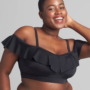 Cacique Lightly Lined No-Wire Ruffle Off Shoulder Swim Bikini Top Black 26‎